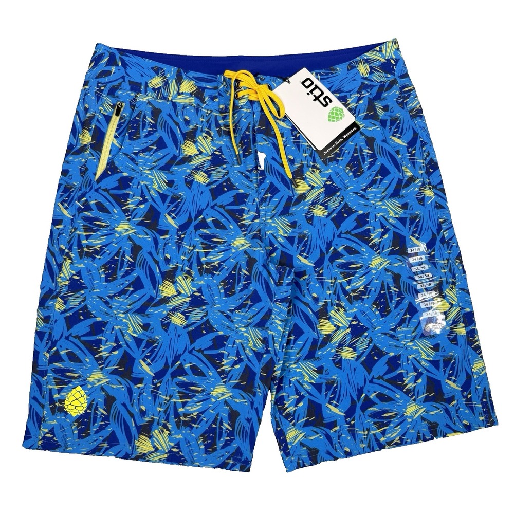 Stio CFS Board Short Mens 34 Blue Floral 19" Swim Hike Stretch Quick Dry UPF New